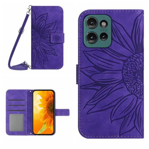 Moto G 2025 HT04 Skin Feel Sun Flower Embossed Flip Leather Phone Case with Lanyard - Dark Purple